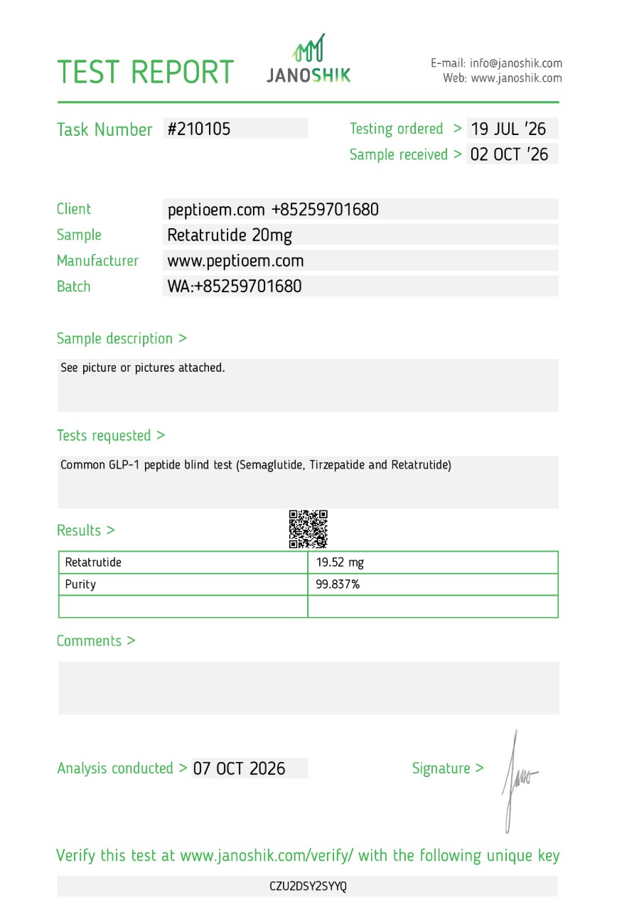Janoshik report 210105 for Pepti Retatrutide 20 mg